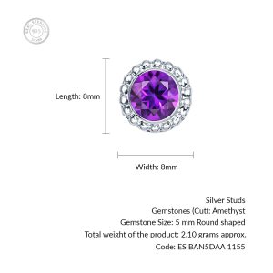 round shaped design studs in band setting with amethyst gemstone mesaurments