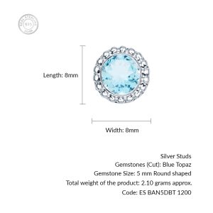 Silver Studs(design) with 5mm Round Blue Topaz Gemstone in Band Setting - Image 3