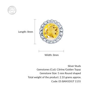 Silver Studs(design) with 5mm Round Golden Topaz/Citrine Gemstone in Band Setting - Image 3