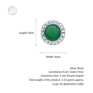 Silver Studs(design) with 5mm Round Green Onyx Gemstone in Band Setting - Image 3