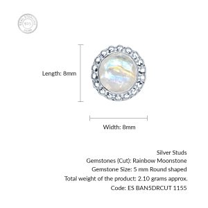 Silver Studs(design) with 5mm Round Rainbow Moonstone Gemstone in Band Setting - Image 3