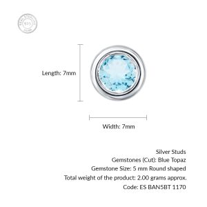 Silver Studs(plain) with 5mm Round Blue Topaz Gemstone in Band Setting - Image 3
