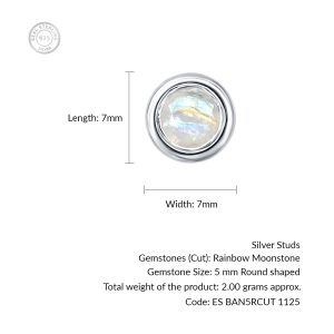 Silver Studs(plain) with 5mm Round Rainbow Moonstone Gemstone in Band Setting - Image 3