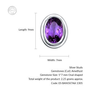 Silver Studs(plain) with 5x7mm Oval Amethyst Gemstone in Band Setting - Image 3