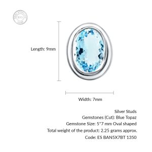 Silver Studs(plain) with 5x7mm Oval Blue Topaz Gemstone in Band Setting - Image 3