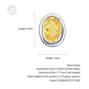 Silver Studs(plain) with 5x7mm Oval Golden Topaz Gemstone in Band Setting - Image 3