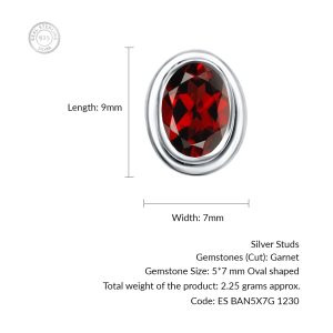 Silver Studs(plain) with 5x7mm Oval Garnet Gemstone in Band Setting - Image 3