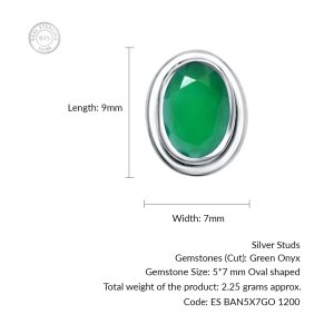 Silver Studs(plain) with 5x7mm Oval Green Onyx Gemstone in Band Setting - Image 3