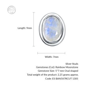 Silver Studs(plain) with 5x7mm Oval Rainbow Moonstone Gemstone in Band Setting - Image 3