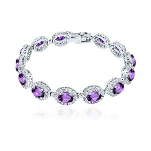 Cluster Silver Bracelet with 5x7mm Oval Amethyst Gemstone and small round Cubic Zirconia