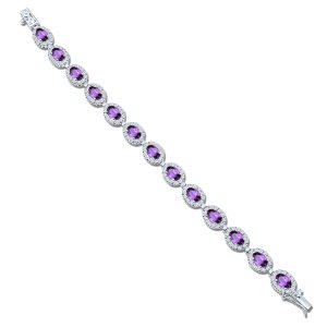 Cluster Silver Bracelet with 5x7mm Oval Amethyst Gemstone and small round Cubic Zirconia - Image 2