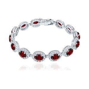 Cluster Silver Bracelet with 5x7mm Oval Garnet Gemstone and small round Cubic Zirconia