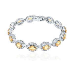 Cluster Silver Bracelet with 5x7mm Oval Golden Topaz Gemstone and small round Cubic Zirconia