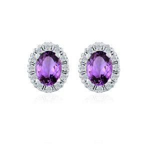 Cluster Oval Amethyst Silver Studs with Cubic Zirconia