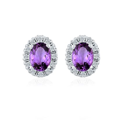 Cluster Oval Amethyst Silver Studs with Cubic Zirconia
