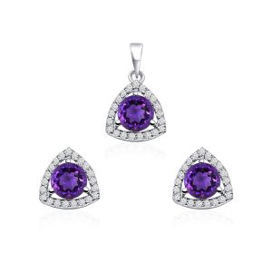 Triangular Shaped Cluster Silver Pendant Set with 6mm Round Amethyst Gemstone & small round Cubic Zirconia