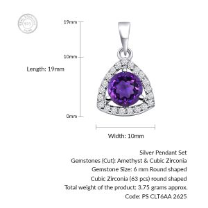 Triangular Shaped Cluster Silver Pendant Set with 6mm Round Amethyst Gemstone & small round Cubic Zirconia - Image 4