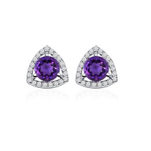 Triangular Shaped Cluster Silver Studs with 6mm Round Amethyst Gemstone & small round Cubic Zirconia