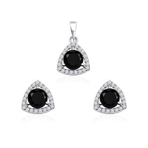 Triangular Shaped Cluster Silver Pendant Set with 6mm Round Black Onyx Gemstone & small round Cubic Zirconia