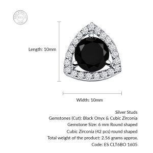 Triangular Shaped Cluster Silver Studs with 6mm Round Black Onyx Gemstone & small round Cubic Zirconia - Image 3