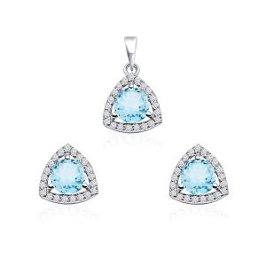 Triangular Shaped Cluster Silver Pendant Set with 6mm Round Blue Topaz Gemstone & small round Cubic Zirconia