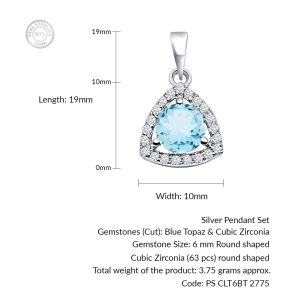 Triangular Shaped Cluster Silver Pendant Set with 6mm Round Blue Topaz Gemstone & small round Cubic Zirconia - Image 4