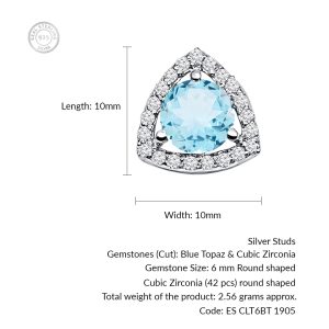 Triangular Shaped Cluster Silver Studs with 6mm Round Blue Topaz Gemstone & small round Cubic Zirconia - Image 3