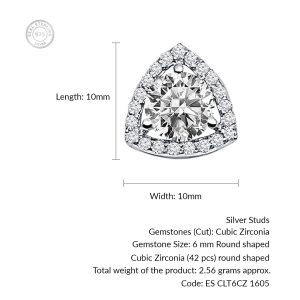 Triangular Shaped Cluster Silver Studs with 6mm Round Cubic Zirconia Gemstone & small round Cubic Zirconia - Image 3