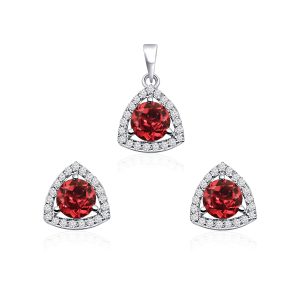 Triangular Shaped Cluster Silver Pendant Set with 6mm Round Garnet Gemstone & small round Cubic Zirconia