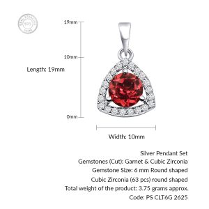 Triangular Shaped Cluster Silver Pendant Set with 6mm Round Garnet Gemstone & small round Cubic Zirconia - Image 4