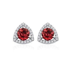 Triangular Shaped Cluster Silver Studs with 6mm Round Garnet Gemstone & small round Cubic Zirconia