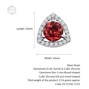 Triangular Shaped Cluster Silver Studs with 6mm Round Garnet Gemstone & small round Cubic Zirconia - Image 3