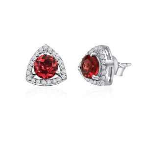 Triangular Shaped Cluster Silver Studs with 6mm Round Garnet Gemstone & small round Cubic Zirconia - Image 2