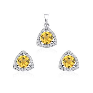 Triangular Shaped Cluster Silver Pendant Set with 6mm Round Golden Topaz Gemstone & small round Cubic Zirconia