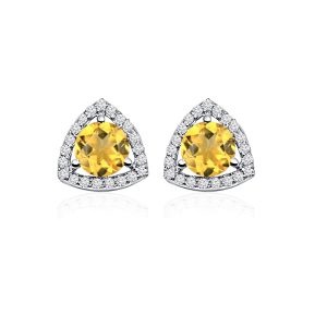 Triangular Shaped Cluster Silver Studs with 6mm Round Golden Topaz Gemstone & small round Cubic Zirconia