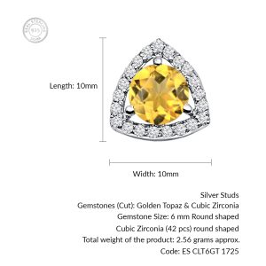 Triangular Shaped Cluster Silver Studs with 6mm Round Golden Topaz Gemstone & small round Cubic Zirconia - Image 3