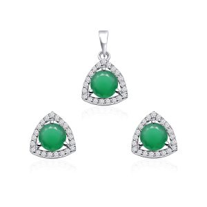 Triangular Shaped Cluster Silver Pendant Set with 6mm Round Green Onyx Gemstone & small round Cubic Zirconia