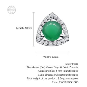 Triangular Shaped Cluster Silver Studs with 6mm Round Green Onyx Gemstone & small round Cubic Zirconia - Image 3