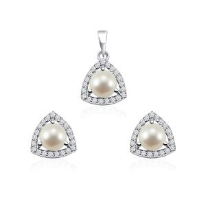 Triangular Shaped Cluster Silver Pendant Set with 6mm Round Pearl Gemstone & small round Cubic Zirconia