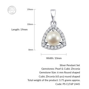 Triangular Shaped Cluster Silver Pendant Set with 6mm Round Pearl Gemstone & small round Cubic Zirconia - Image 4