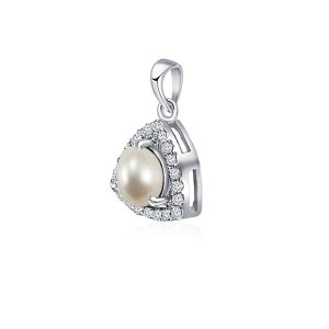 Triangular Shaped Cluster Silver Pendant Set with 6mm Round Pearl Gemstone & small round Cubic Zirconia - Image 2
