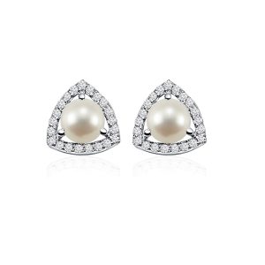 Triangular Shaped Cluster Silver Studs with 6mm Round Pearl Gemstone & small round Cubic Zirconia