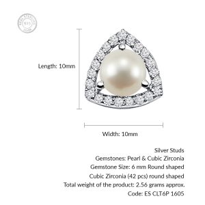 Triangular Shaped Cluster Silver Studs with 6mm Round Pearl Gemstone & small round Cubic Zirconia - Image 3