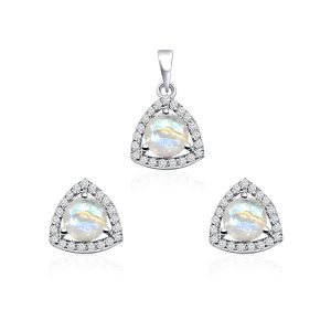 Triangular Shaped Cluster Silver Pendant Set with 6mm Round Rainbow Moonstone Gemstone & small round Cubic Zirconia