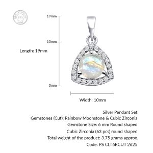 Triangular Shaped Cluster Silver Pendant Set with 6mm Round Rainbow Moonstone Gemstone & small round Cubic Zirconia - Image 4