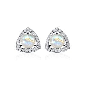 Triangular Shaped Cluster Silver Studs with 6mm Round Rainbow Moonstone Gemstone & small round Cubic Zirconia