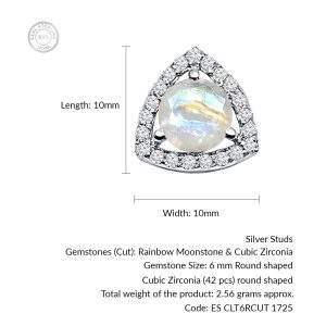 Triangular Shaped Cluster Silver Studs with 6mm Round Rainbow Moonstone Gemstone & small round Cubic Zirconia - Image 3