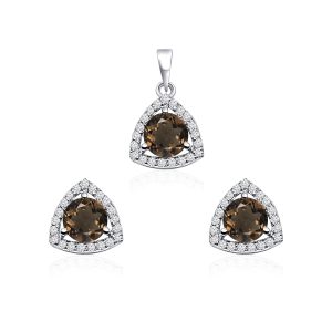 Triangular Shaped Cluster Silver Pendant Set with 6mm Round Smoky Topaz Gemstone & small round Cubic Zirconia