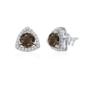 Triangular Shaped Cluster Silver Studs with 6mm Round Smoky Topaz Gemstone & small round Cubic Zirconia - Image 2