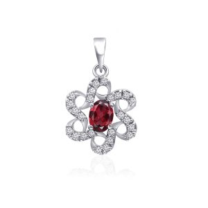 Silver Pendant (Flower shaped) with 6x8mm Oval Garnet Gemstone and small round Cubic Zirconia